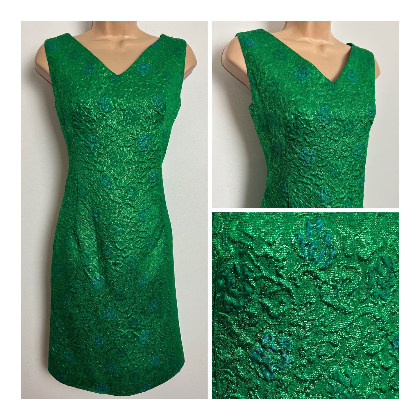 Vintage 1960s LAURA PHILLIPS Size 10 Metallic Green & Blue Textured Jacquard Xmas Party Mini Dress