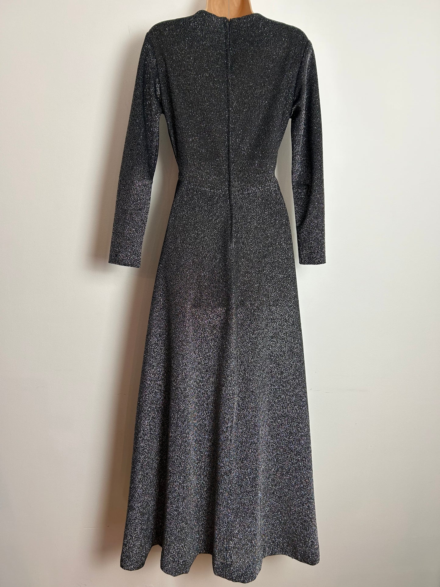 Vintage 1970s Size 10 Gorgeous Black & Silver Glittery Lurex Long Sleeve Occasion Evening Maxi Dress