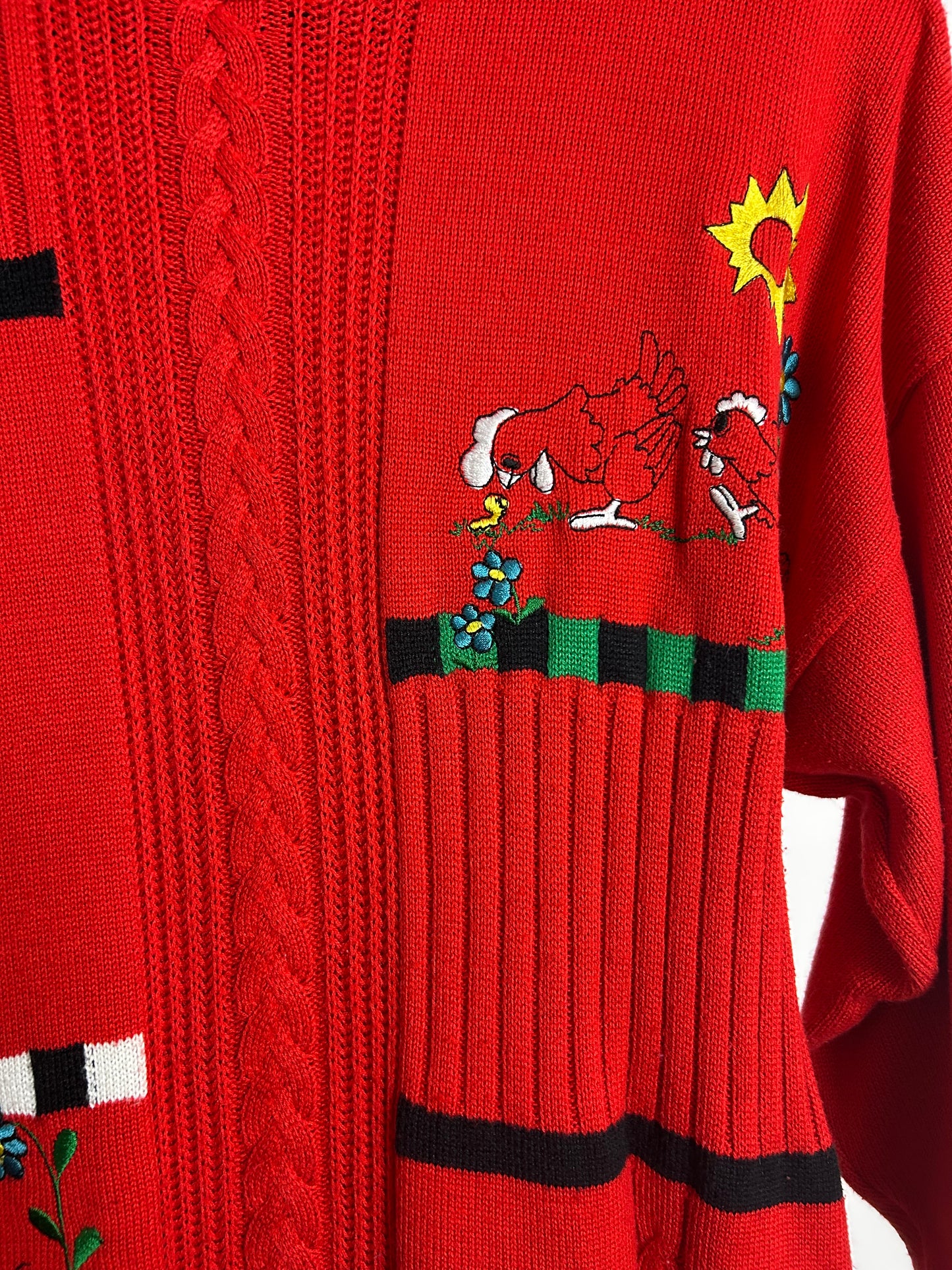 Vintage 1980s AMBROSIUS HEIM Up To Size 16 Red Cotton Mix Embroidered Chicken & Rooster Pattern Jumper