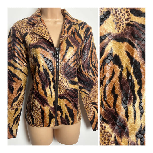 Vintage 1990s SELENE SPORT Size M (10-12) Tiger & Leopard Print Scale Embossed Wet Looks Zip Up Jacket