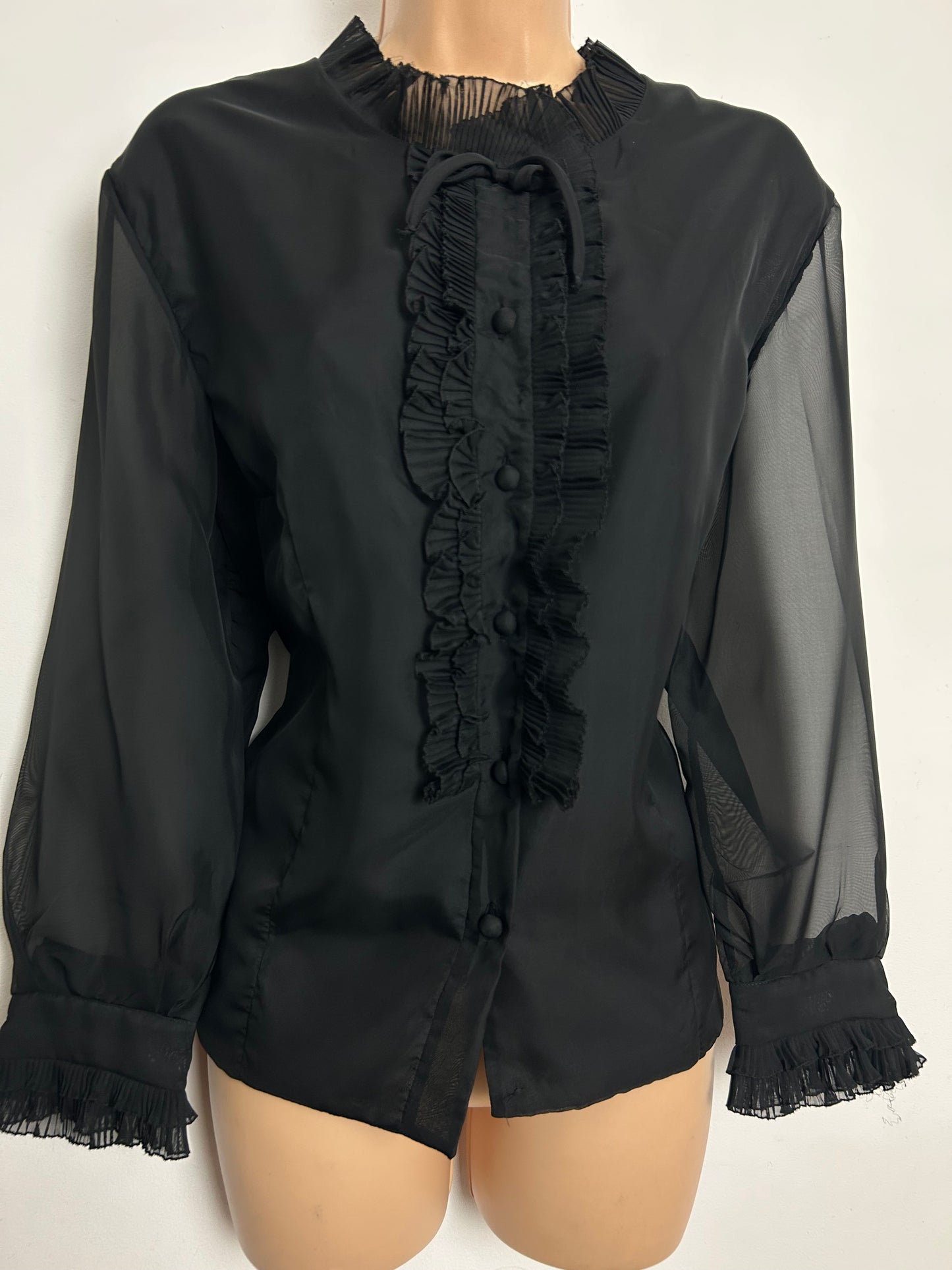 Vintage 1960s ELAMOD PARIS Size 16 Black Ruffle Trim Bow Detail Blouse