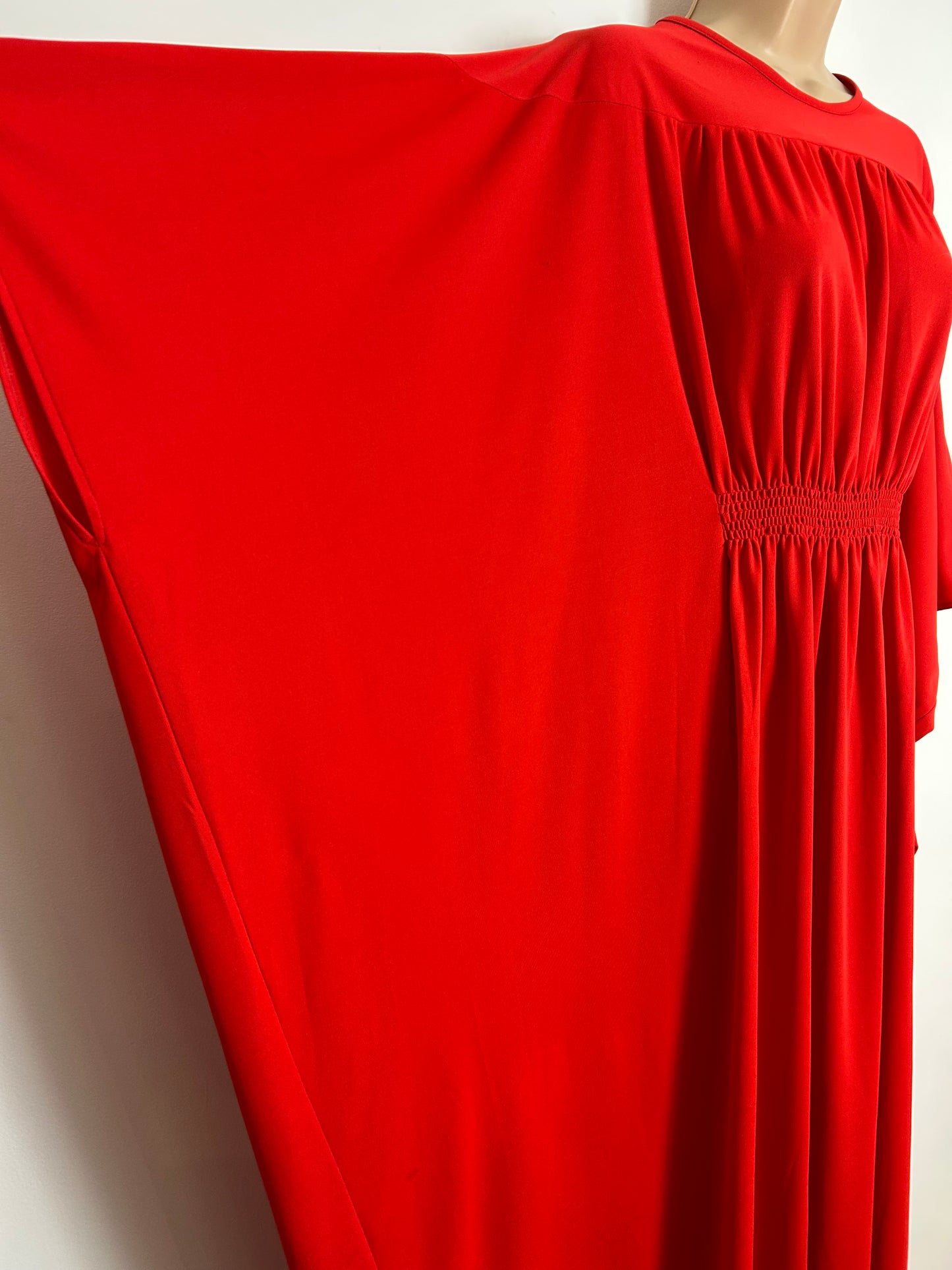 Vintage 1970s EVANS One Size Red Shirred Waist Detail Wide Sleeve Kaftan Maxi Dress