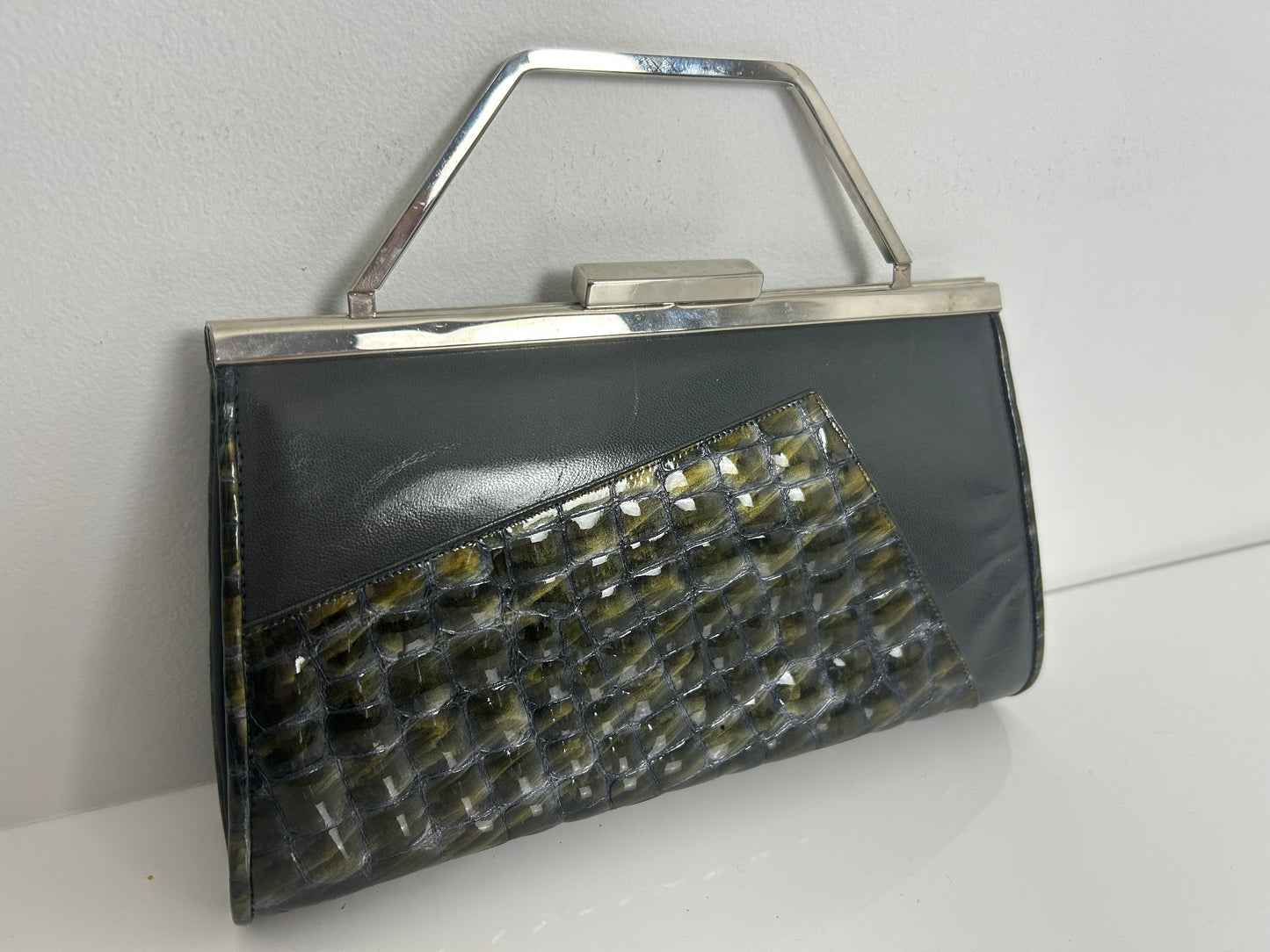 Vintage Early 1980s RENATA. Italy Grey & Dark Green Tones Mock Reptile Panel Clutch Or Shoulder Bag