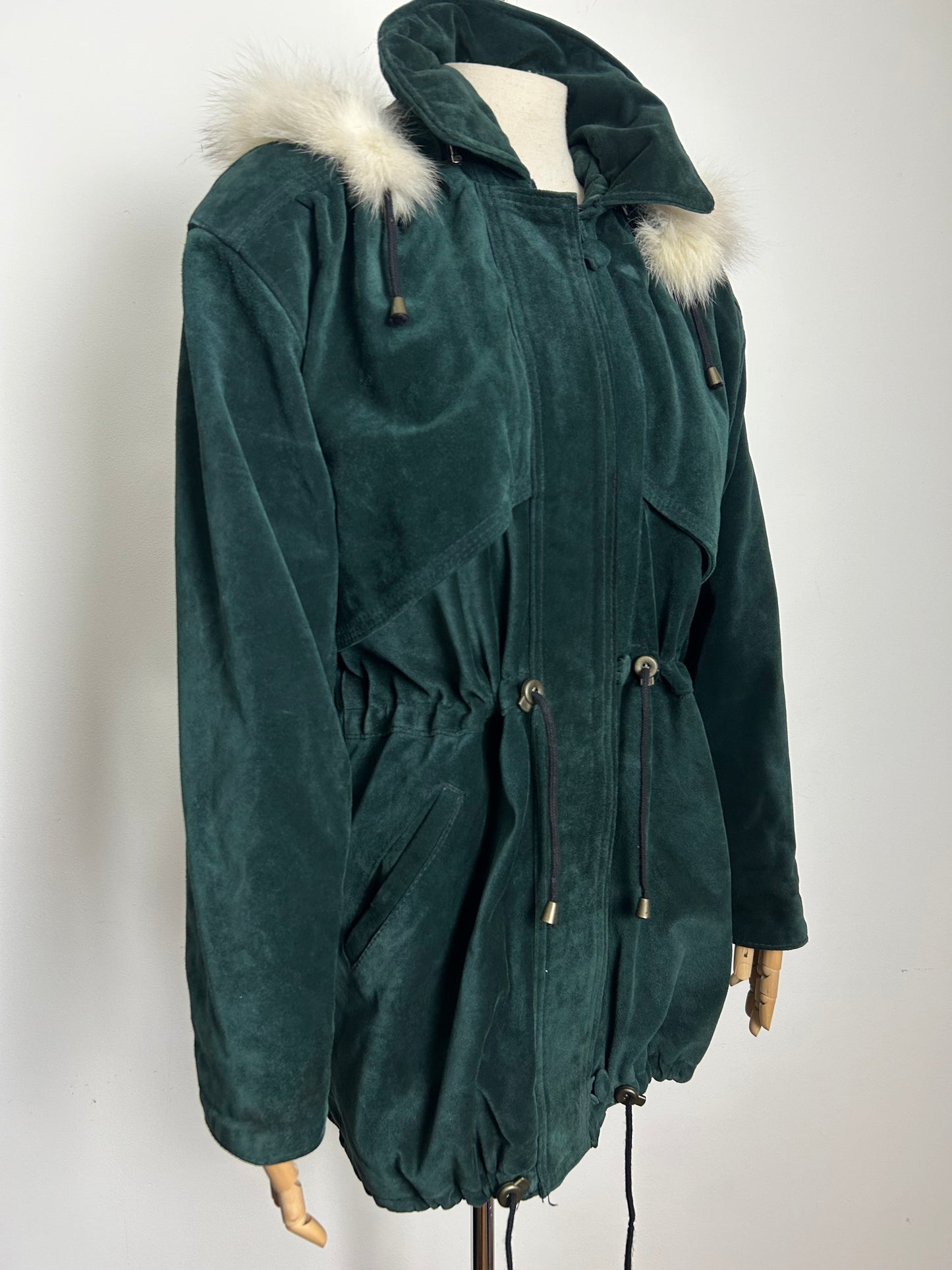 Vintage 1980s LEATHERSTIL ITALIAN Size 12-14 Dark Green Real Suede & Fur Trim Hooded Parka