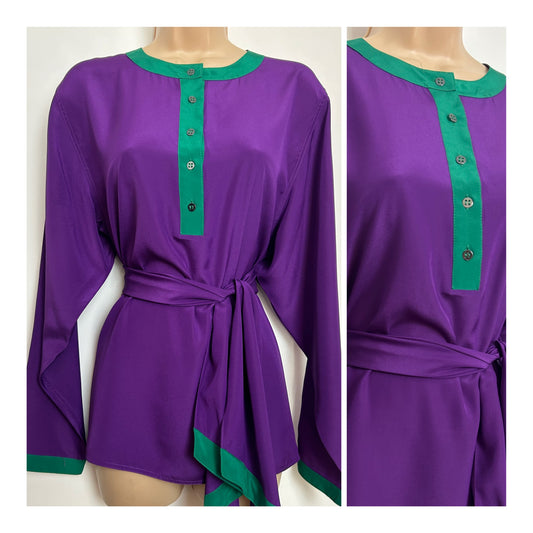 Vintage 1980s WINDSMOOR Size 14-16 Purple & Green Contrast Long Sleeve Belted Blouse