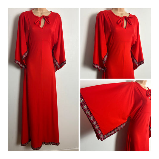 Vintage 1970s Size 8 Gorgeous Red Braid Trim Wide Sleeve Boho Empire Line Maxi Dress