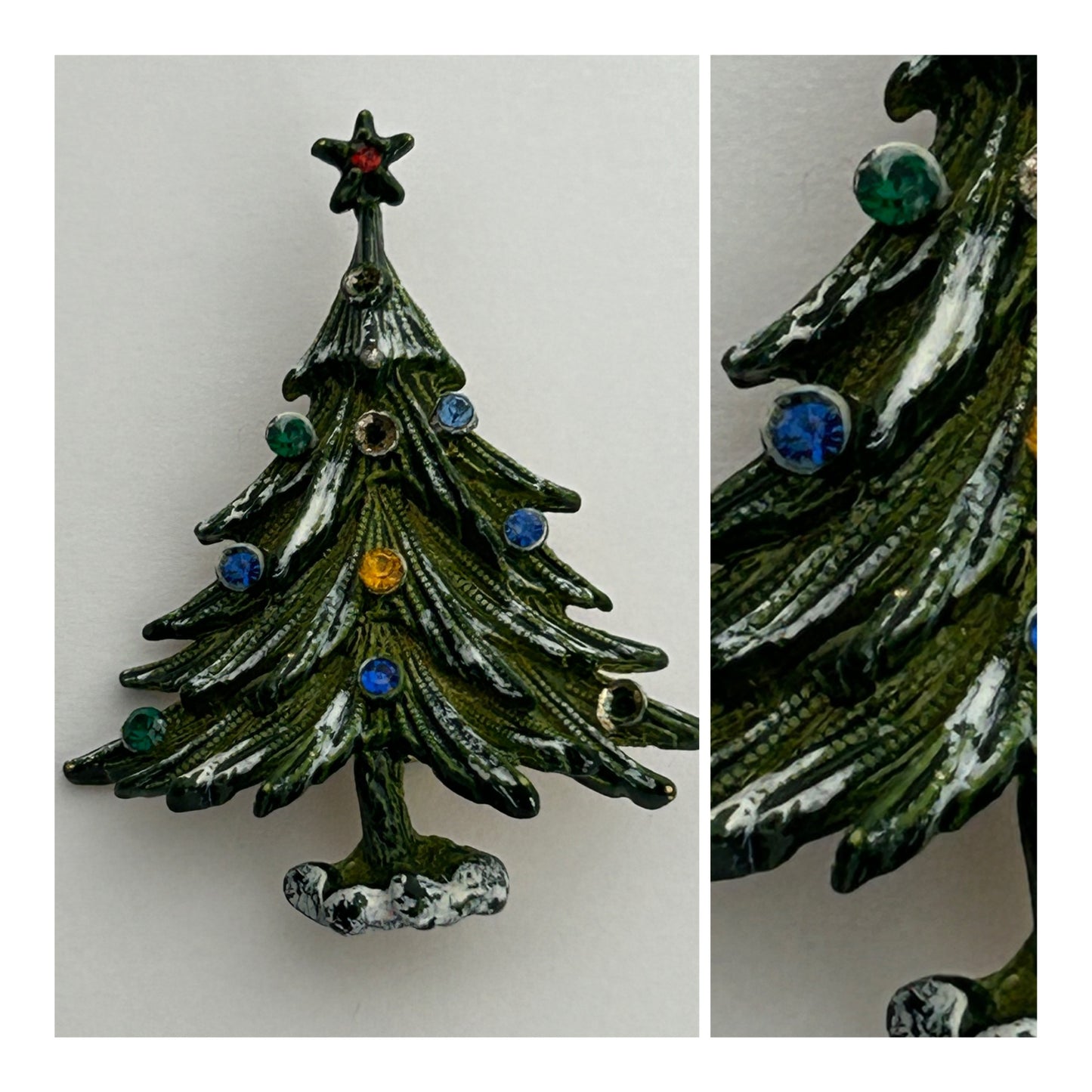 Vintage Gold Tone Cold Painted Blue & Pink Diamante Set Christmas Tree Pin Brooch