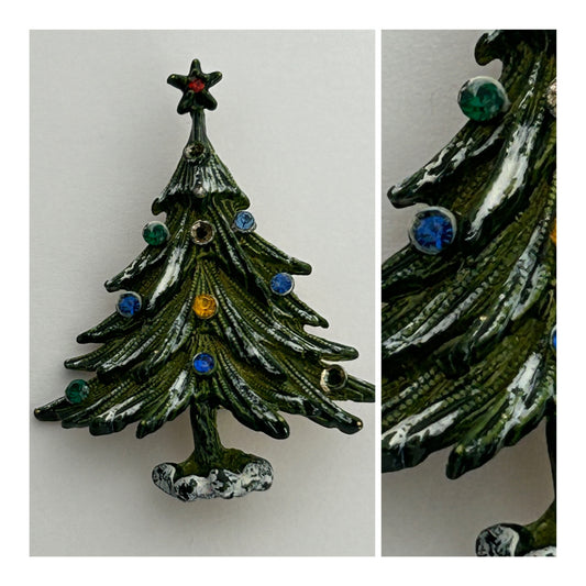 Vintage Gold Tone Cold Painted Blue & Pink Diamante Set Christmas Tree Pin Brooch