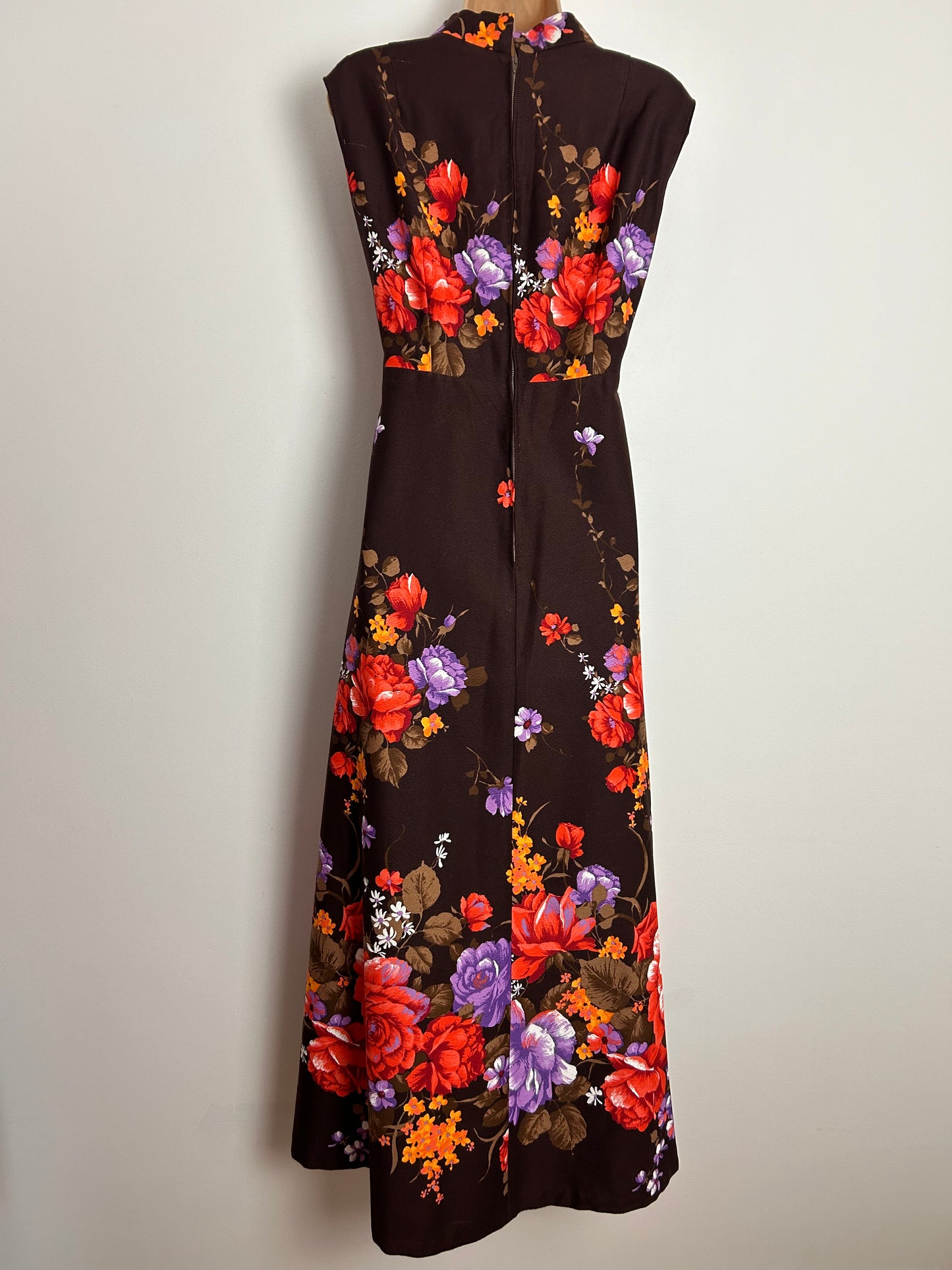 Vintage 1970s UK Size 12 Brown Orange Dark Red & Purple Floral Print Sleeveless Boho Maxi Dress