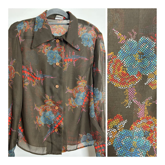 Vintage 1970s Size 12 Brown Red & Blue Pixelated Floral Print Long Sleeve Semi Sheer Chiffon Shirt