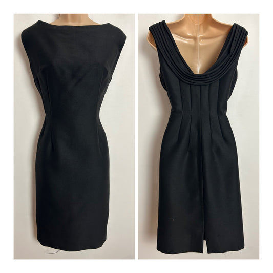 Vintage 1960s UK Size 10 Black Sleeveless Scooped Back Fitted Wiggle Party Dress