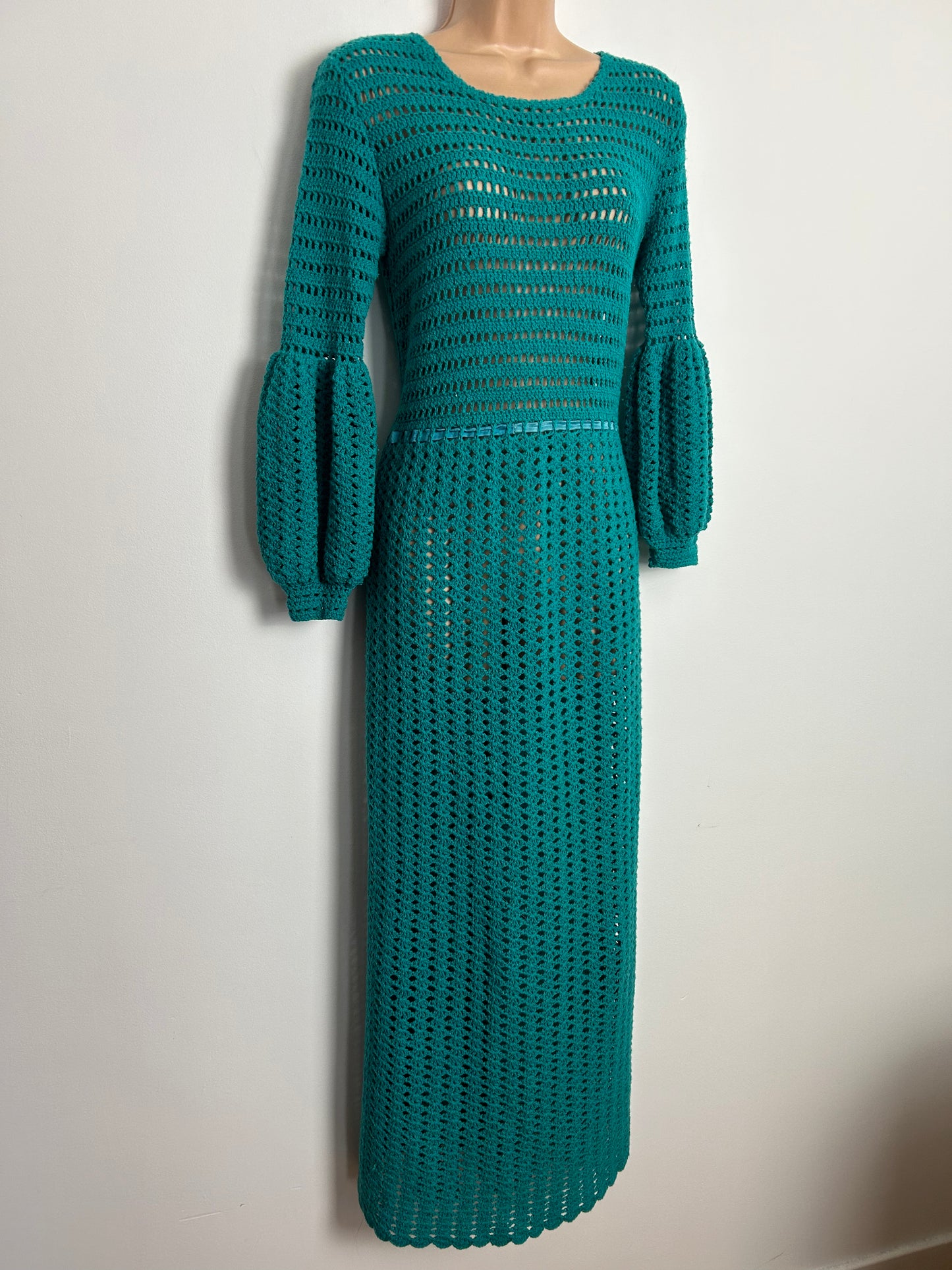 Vintage Early 1970s Homemade UK Size 10-12 Gorgeous Teal Crochet Long Juliet Sleeve Boho Prairie Maxi Dress