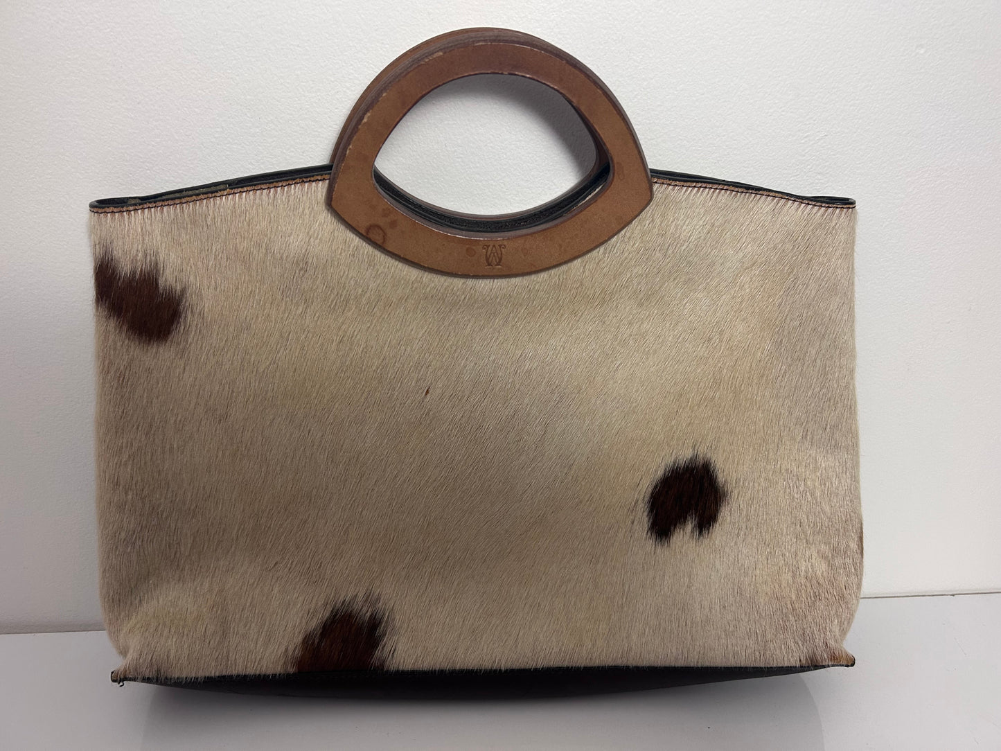 Vintage 1970s large Cow Hide With Hair Wooden Handle Handbag