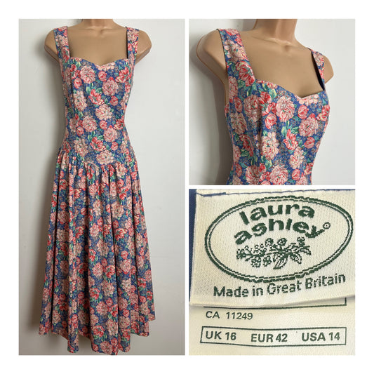 Vintage 1980s LAURA ASHLEY Size 14 Coral & Blue Floral Print Cotton Sleeveless Midi Day Dress