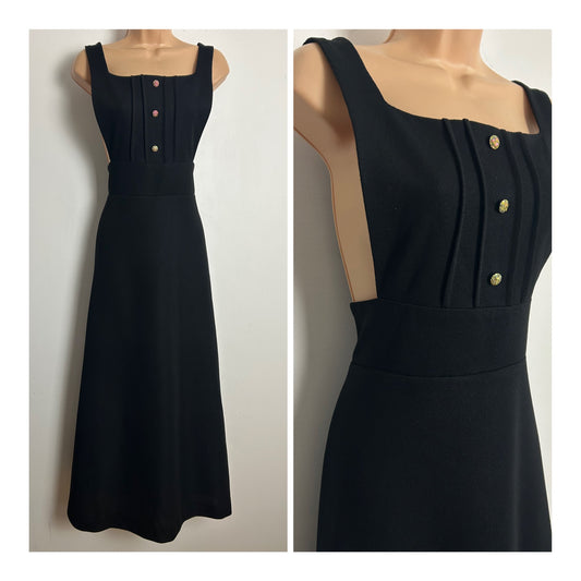 Vintage 1970s DEVONSHIRE LADY Size 10-12 Black Open Sided Pinafore Maxi Dress