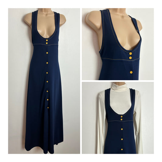 Vintage 1970s DOROTHY PERKINS UK Size 10 Navy Blue Yellow Button & Stitch Detail Pinafore Style Maxi Dress