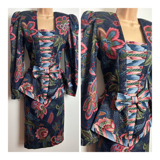 American Vintage 1980s Gorgeous Size 10 Amazing Blue Pink & Gold Floral Print Peplum Bow Long Sleeve Dress