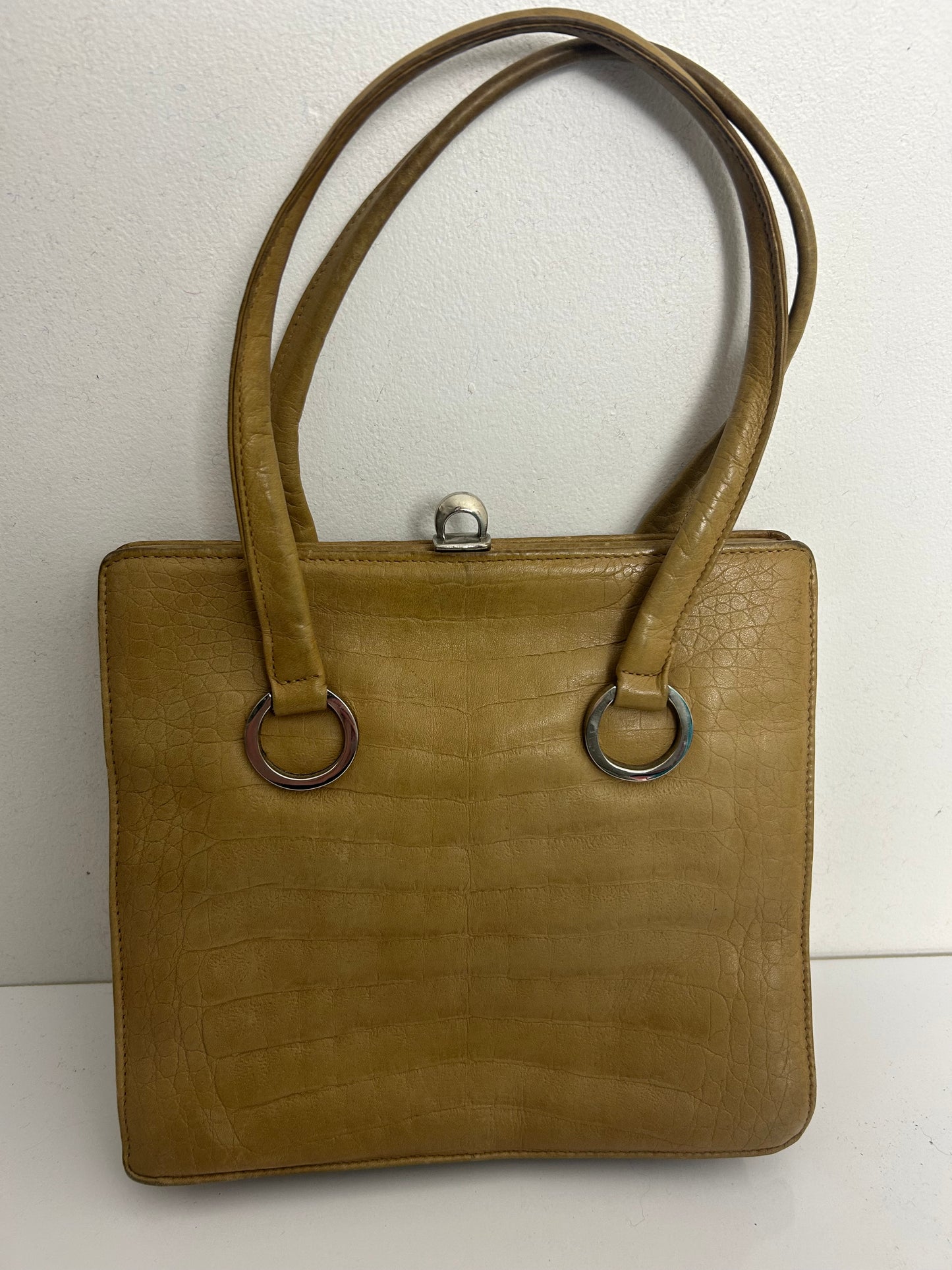 Vintage 50s 60s Beige Leather Double Top Handle Kelly Bag