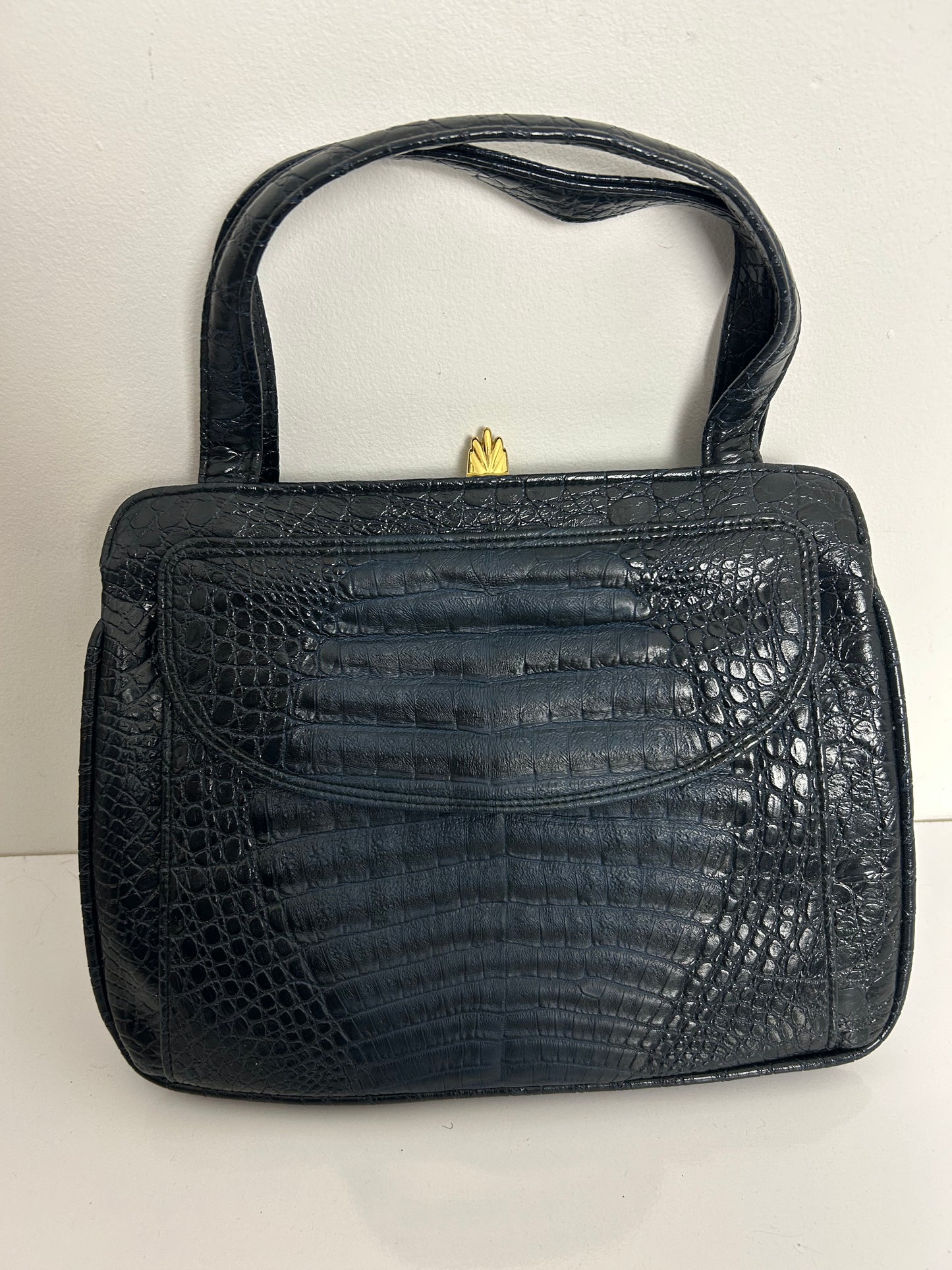 Vintage 1960s Black & Very Dark Blue Mock Croc/Alligator Vinyl Kelly Style Handbag