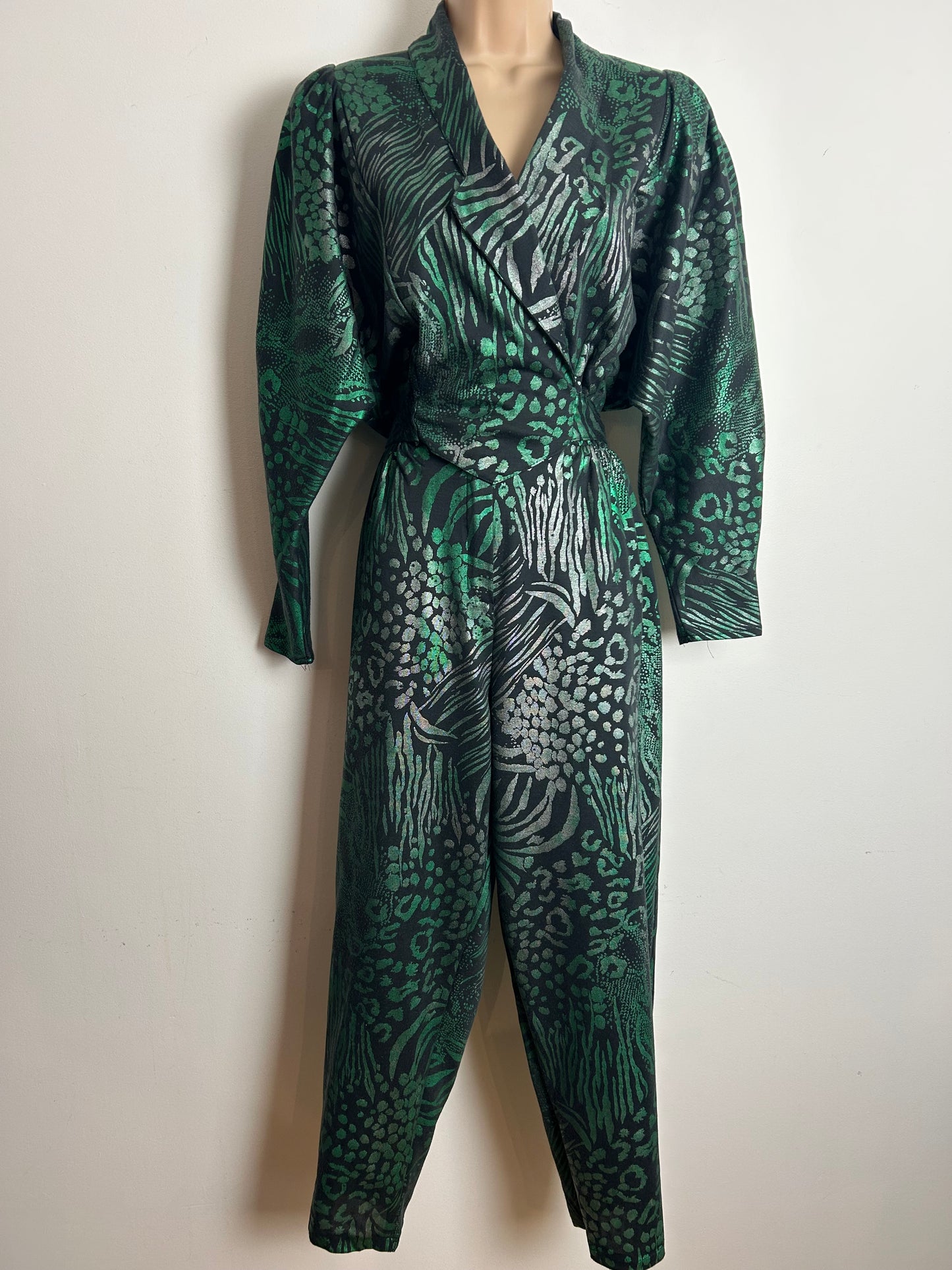 Vintage 1980s Size 10 Black & Green Iridescent Animal Print Bat Wing Wrap Bodice Jumpsuit