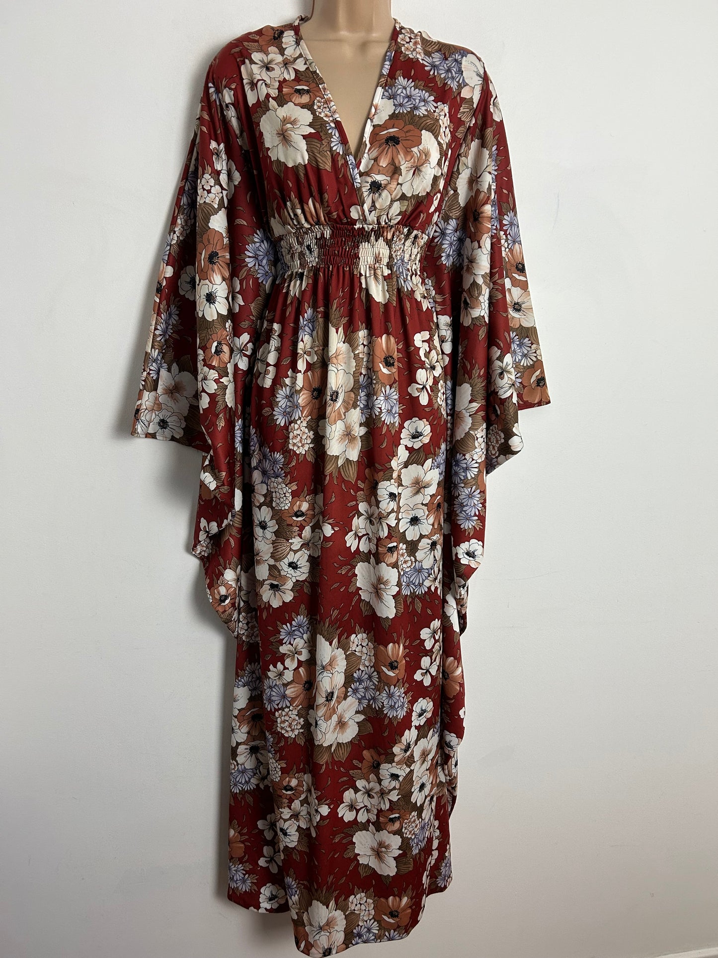 Vintage 1970s SYLVAN One Size Up To Size 12/14 Chestnut Brown Floral Print Wide Sleeve Kaftan Style Boho Maxi Dress