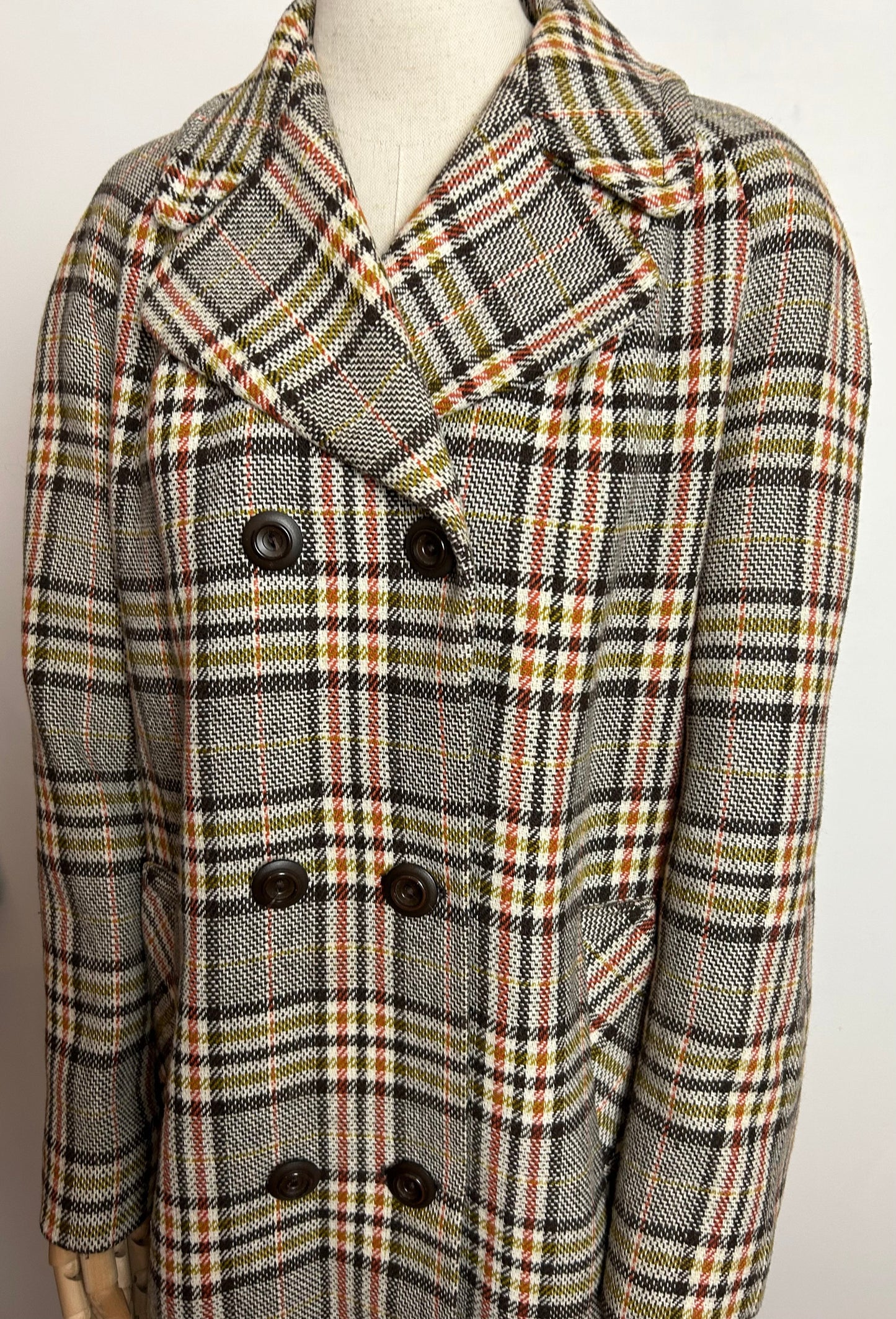 Vintage LAURE OF LEICESTER UK Size 14-16 Brown Cream & Rust Check Double Breasted Winter Coat