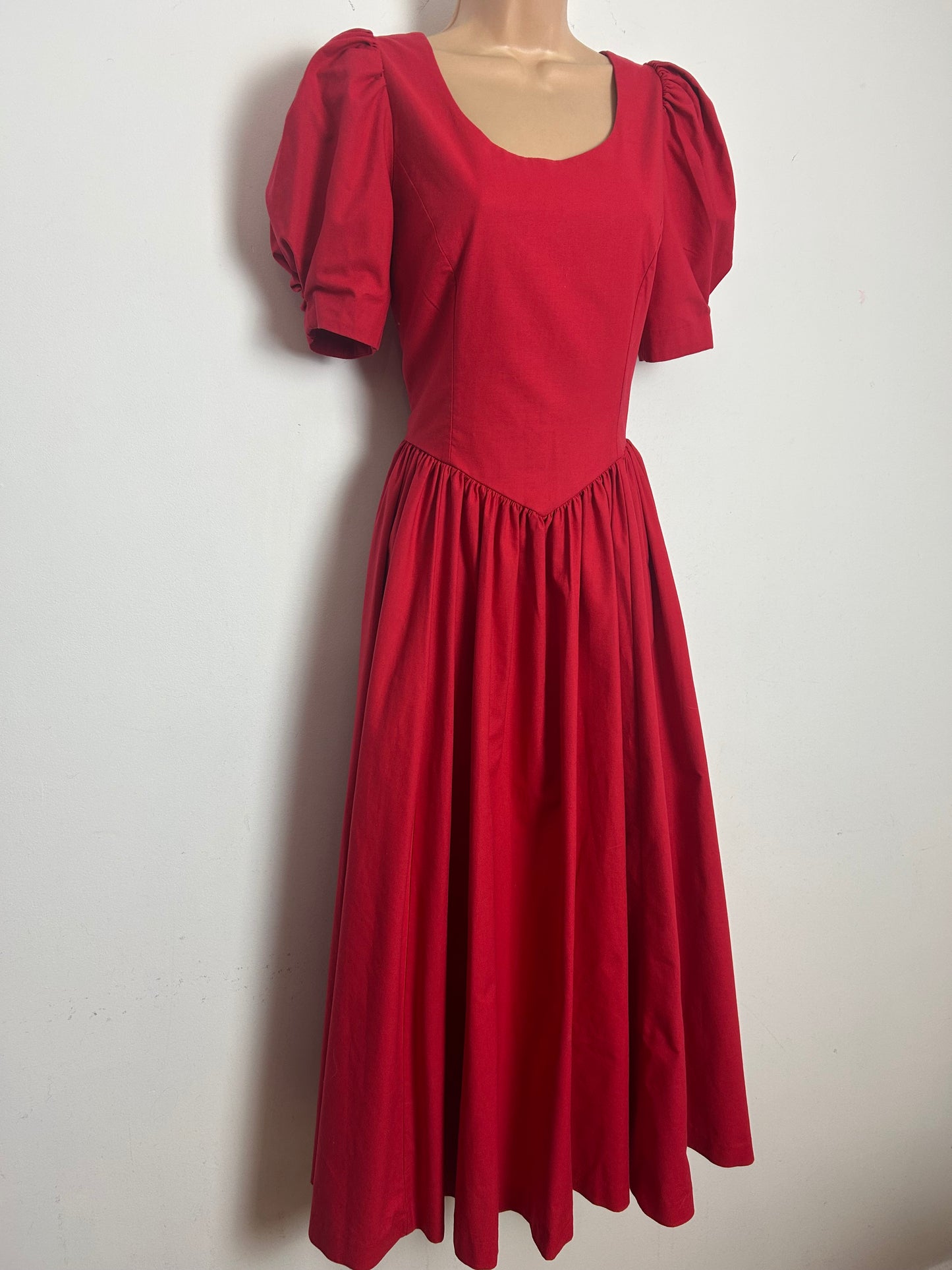 Vintage 1980s LAURA ASHLEY Size 10 (12 On Label) Red Open Bow Back Puff Sleeve Midi Occasion Gown