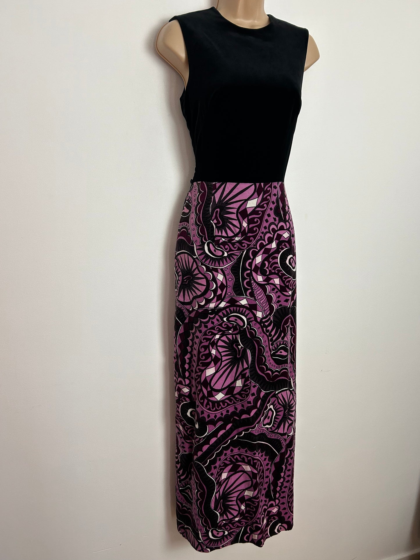 Vintage 1970s JOBI UK Size 8 Black Purple Pink & Brown Abstract Print Velvet Sleeveless Occasion Boho Maxi Dress