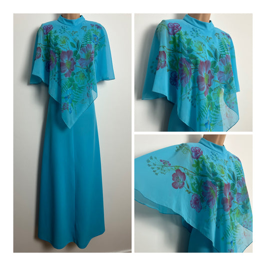 Vintage 1970s Size 10 Turquoise Blue Floral Chiffon Cape Style Boho Maxi Dress