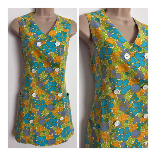 Vintage 1960s UK Size 8 Cute Blue Orange White & Green Floral Print Double Breasted Mini Mod Shift Dress