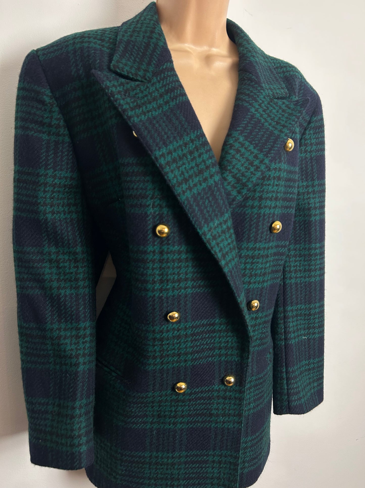 Vintage 1980s AKRIS CLUB Size 14 Green & Black Dogtooth Check 100% Wool Double Breasted Blazer