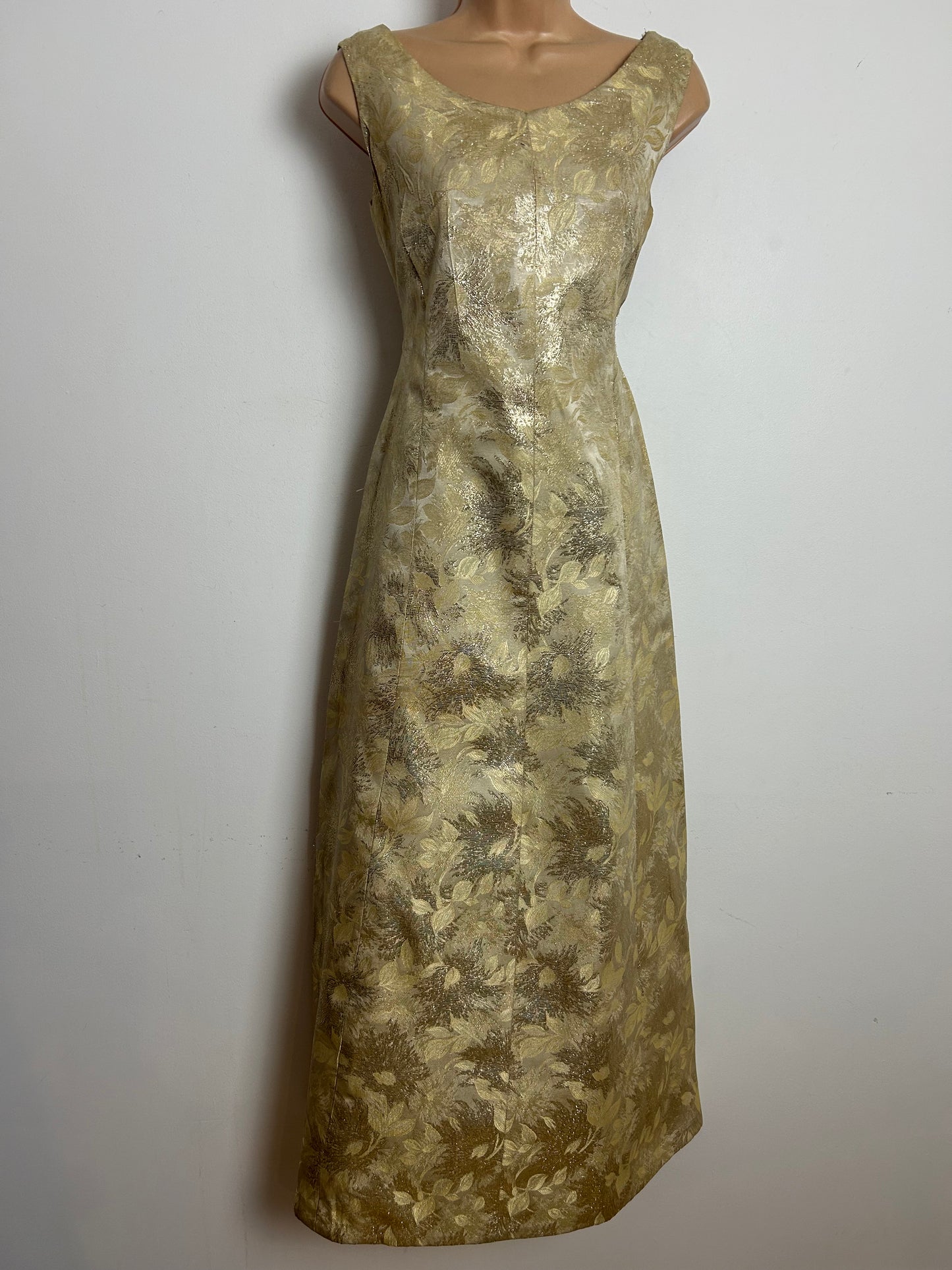 Vintage 1960s Size 10 Metallic Gold Brocade Christmas Occasion Party Maxi Dress