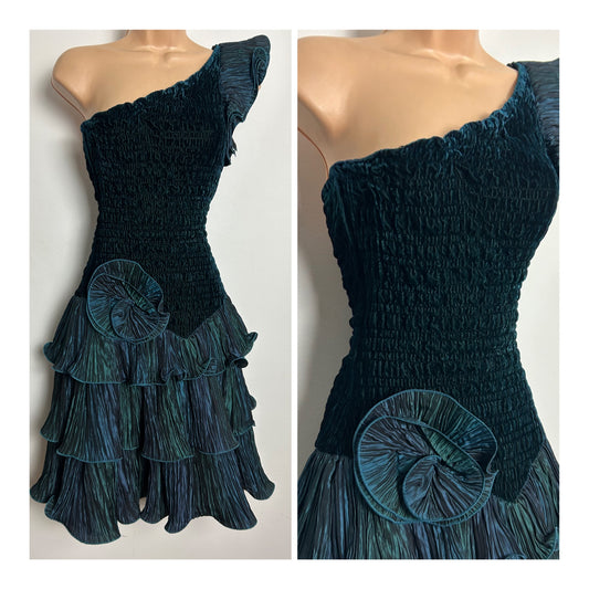 Vintage 1980s KLEEMIER HOFF Size 10 Teal Velour & Taffeta Plisse Pleated Corsage Detail Party Dress