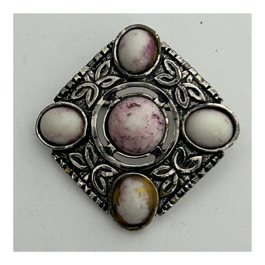 Vintage Silver Tone Base Metal Agate Stone Set Celtic Scottish Brooch