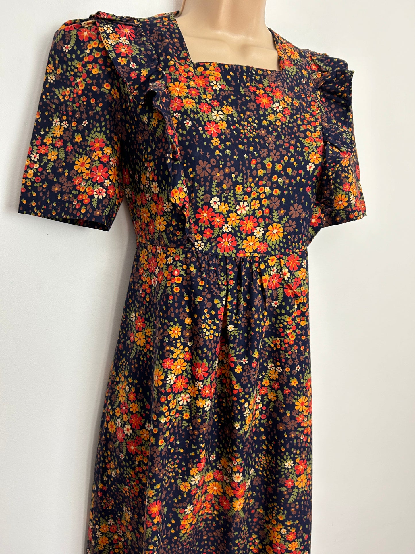 Vintage 1970s TOODAY AT ETAM UK Size 8 Navy Blue & Orange Floral Print Cotton Prairie Boho Maxi Dress