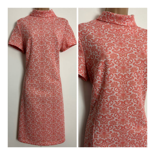Vintage 1960s ST MICHAEL UK Size 12 Coral Pink Abstract Print Crimplene Mod Shift Dress