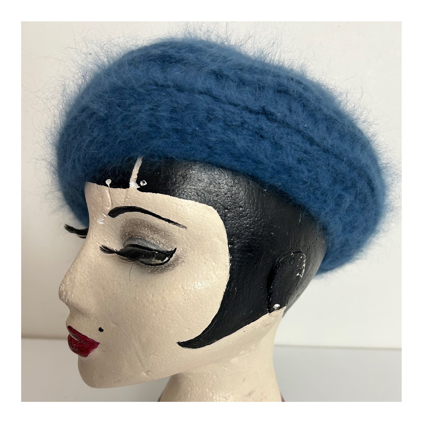 Vintage Dusky Blue Chunky Knit Wool & Angora Mix Beret Style Reversible Hat