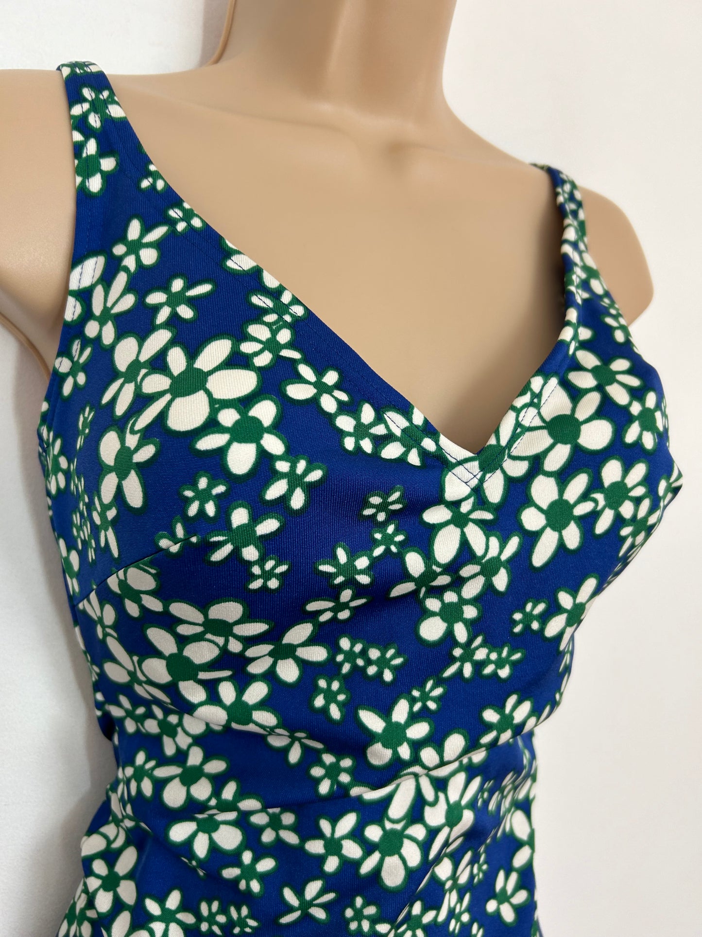 Vintage 1960s BLEYLE Approx UK Size 12 Blue Green & White Floral Print Low Cut Leg Swimsuit Bathing Costume