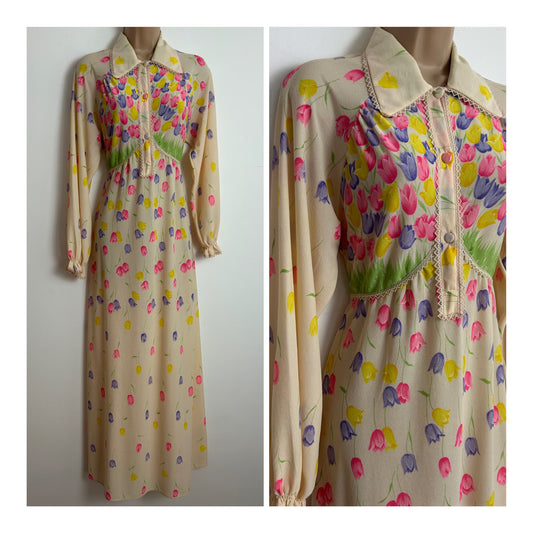 Vintage 1970s UK Size 10-12 Pretty Cream Pink Purple & Yellow Tulip Floral Print Long Sleeve Tie Back Maxi Dress