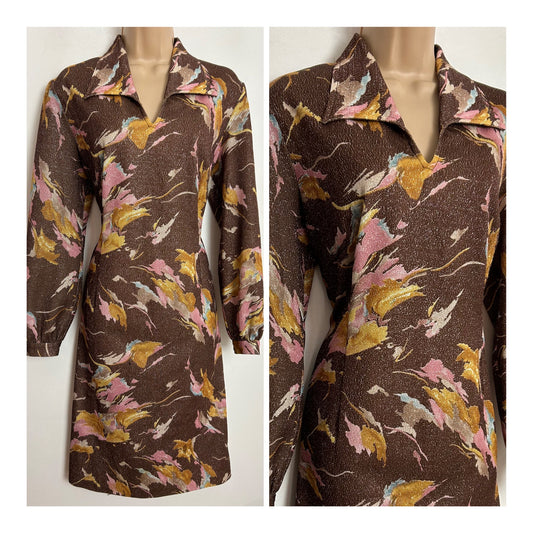 Vintage 1970s UK Size 14-16 Brown Dark Mustard Yellow & Pink Floral Print Lurex Long Sleeve Dress