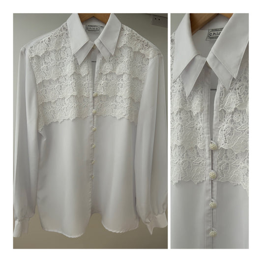Vintage 1980s UK Size 14 White Double Collared Lace Detail Long Sleeve Blouse