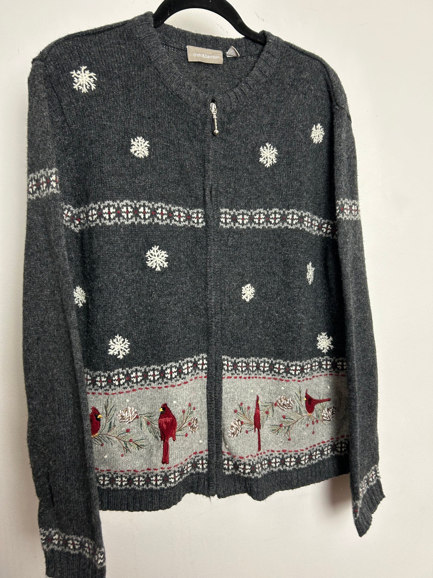 Vintage 1990s CROFT & BARROW Size 14-16 Dark Grey Snowflake & Bird Pattern Zip Up Ramie Mix Cardigan