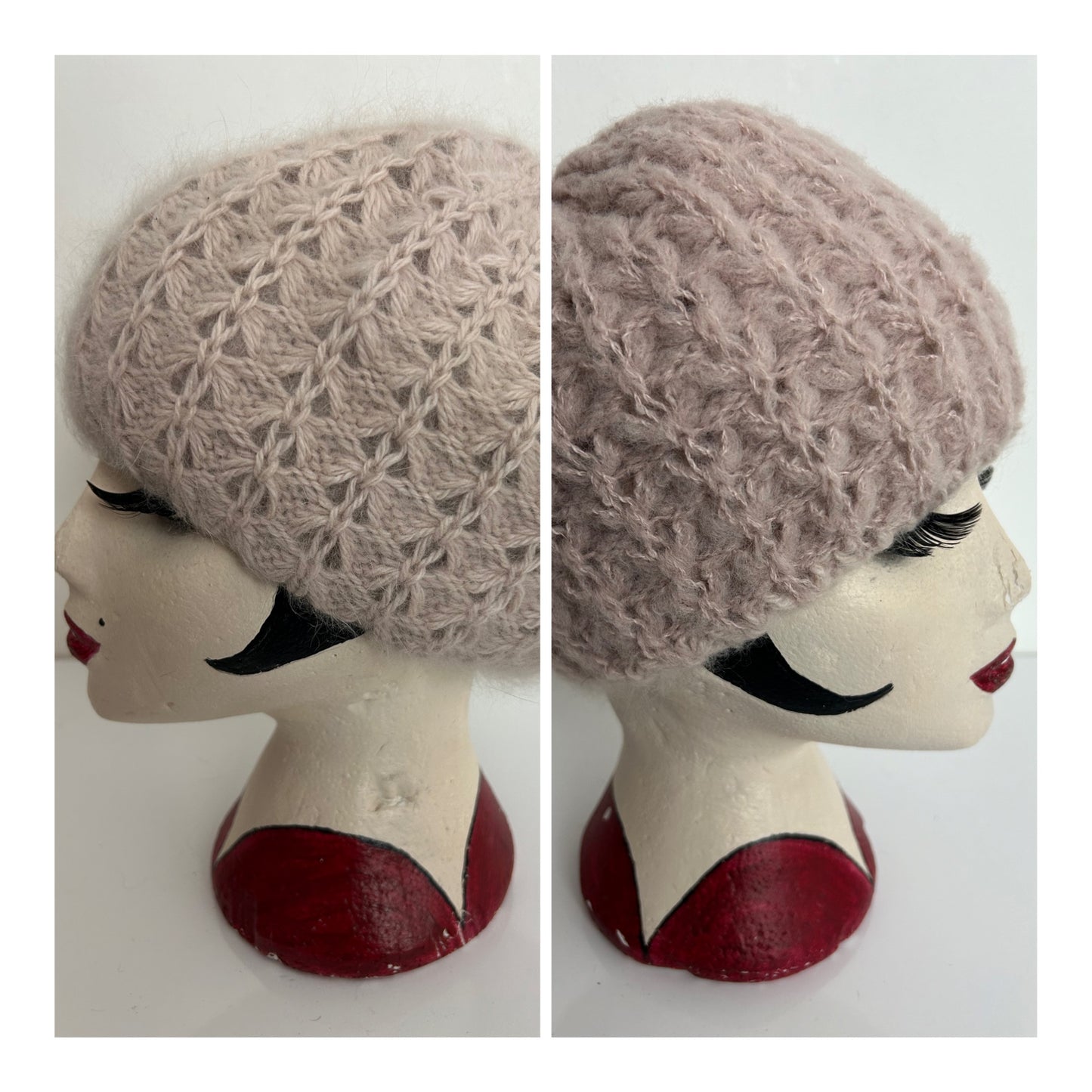 Vintage Pale Nude Pink Wool & Angora Chunky Knit Reversible Beanie/Beret Style Hat