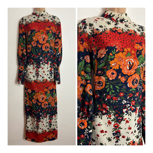 Vintage 1970s ELIDA UK Size 10-12 Orange Cream Navy Blue & Green Floral Print Long Sleeve Maxi Dress