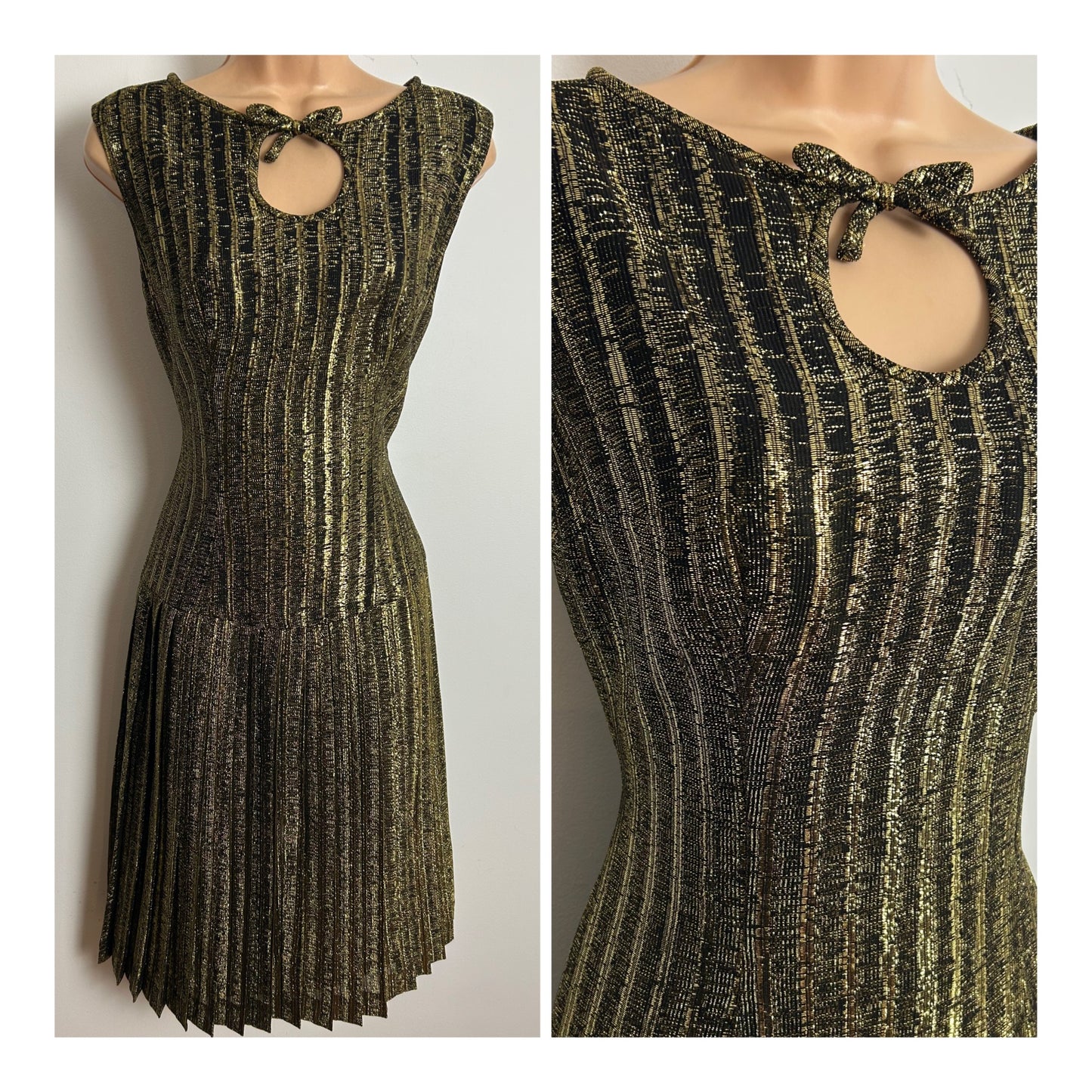 Vintage 1960s Size 8 Black & Gold Metallic Lurex Sleeveless Pleated Mod Shift Party Dress