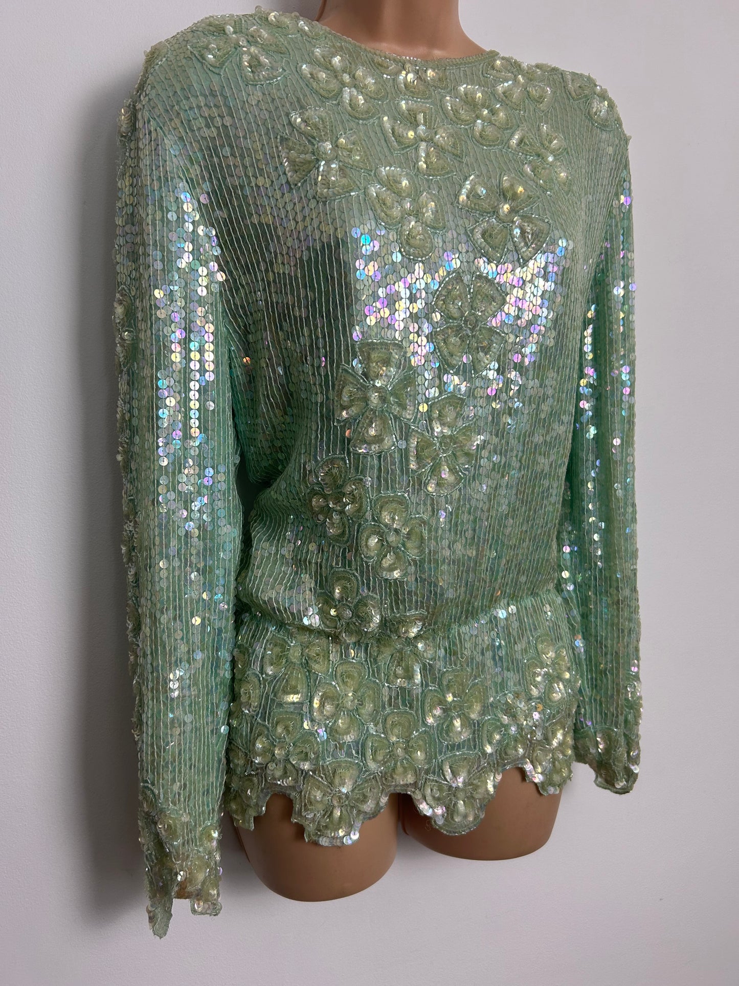 Vintage 1980s Size 12 Palest Green Iridescent Sequin Covered Long Sleeve Scallop Waist Evevning Top