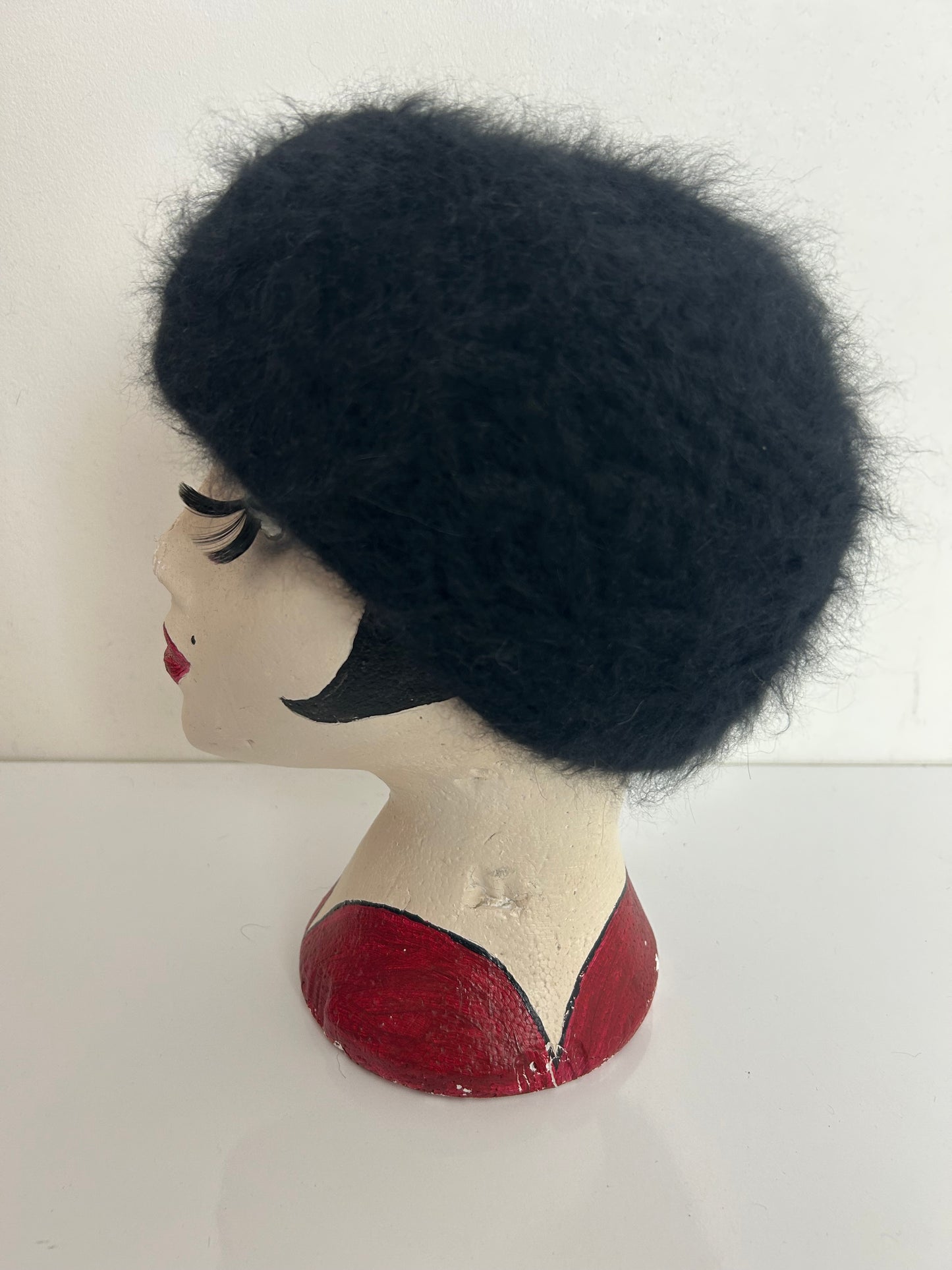 Vintage C&A Black Angora & Wool Mix Handcrafted Beanie Winter Hat