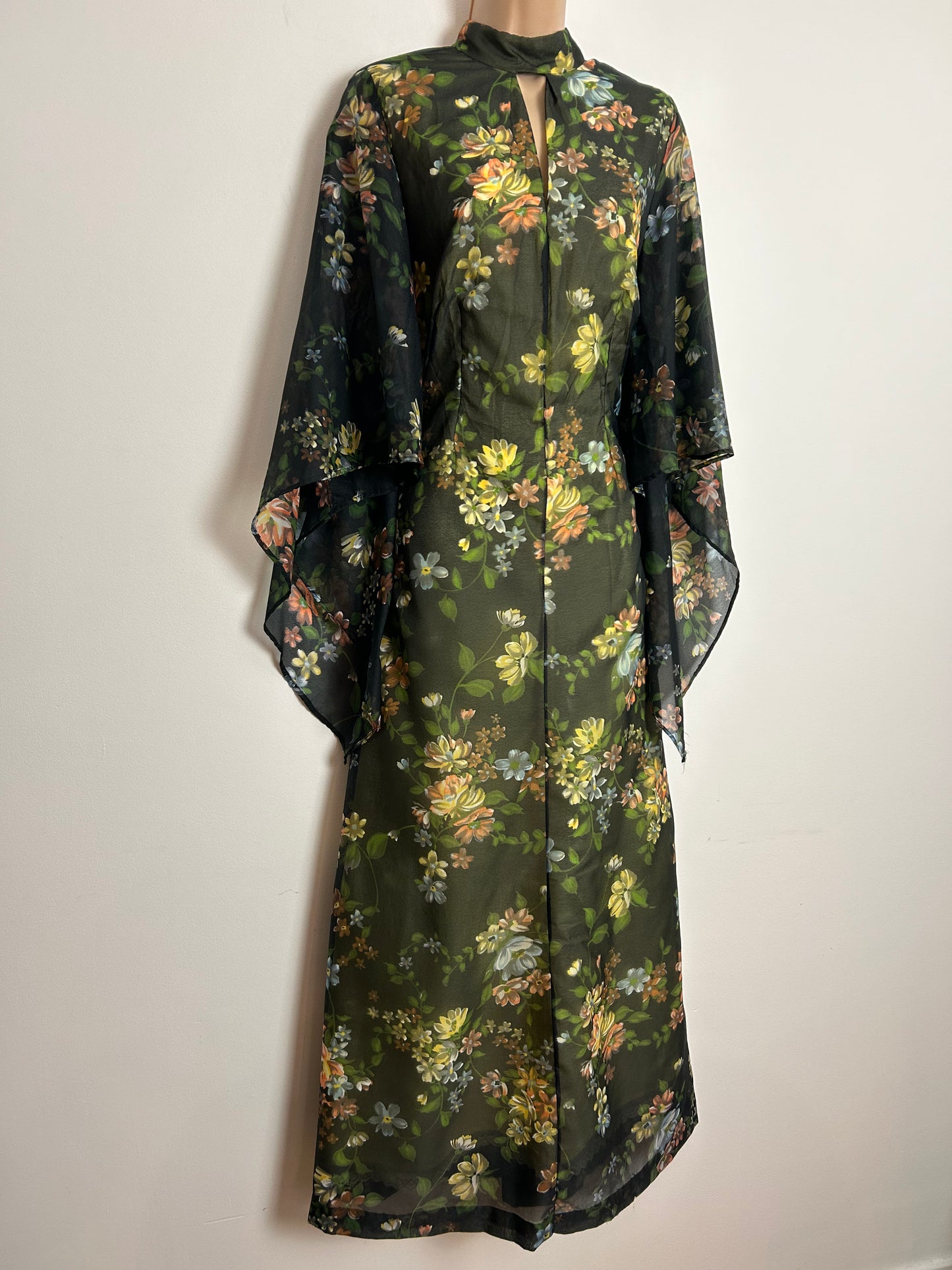 Vintage 1970s UK Size 12 Gorgeous Black Green Orange & Yellow Floral Print Chiffon Long Flared Sleeve Boho Maxi Dress