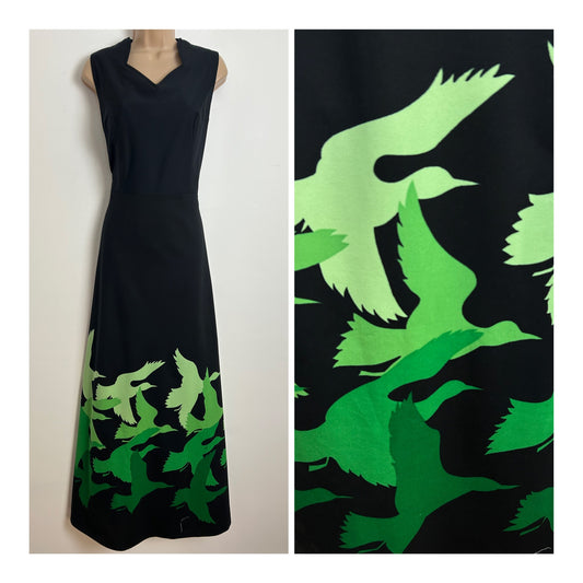 Vintage 1970s UK Size 12 Black & Green Tones Bird Print Sleeveless Maxi Dress