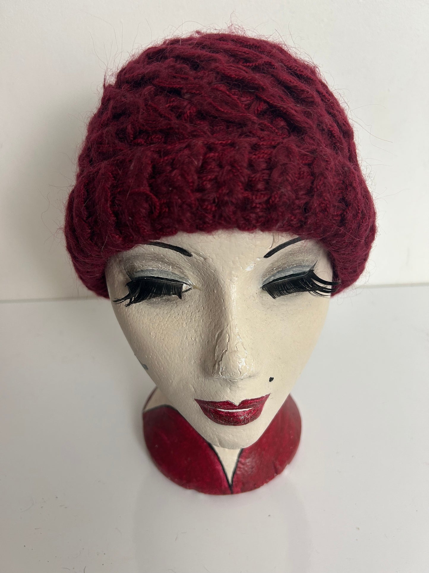 Vintage 1970s Maroon Chunky Cable Knit Angora & Wool Mix Beanie Hat